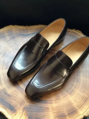 Premium Full Grain Leather Penny Loafers for Men with Square Toe for Business and Formal Wear