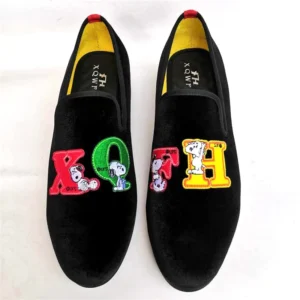 Handcrafted Black Suede Penny Loafers with Decorative Letters for Men's Formal and Casual Wear