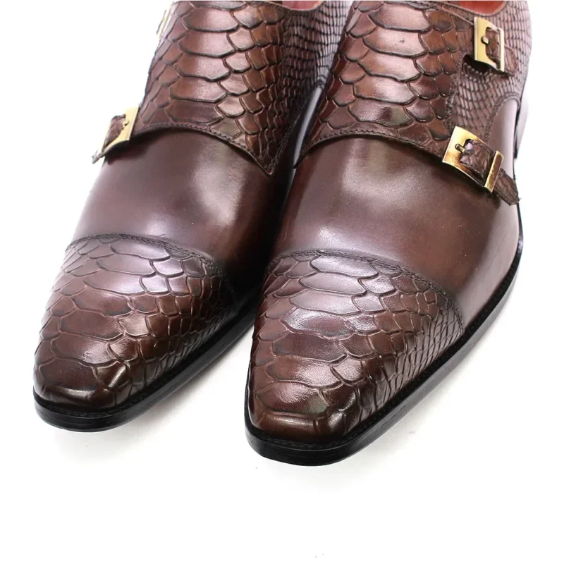 Handcrafted Double Monk Strap Snake Print Leather Dress Shoes with Cap Toe for Men - Image 6