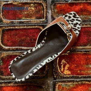 Leopard Print Open Toe Stiletto Heel Slides with Buckle Detail for Women