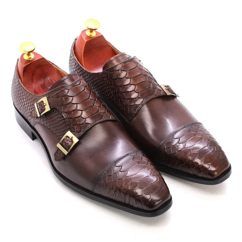 Handcrafted Double Monk Strap Snake Print Leather Dress Shoes with Cap Toe for Men - Image 8