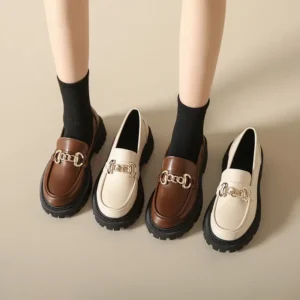 Platform Chunky Loafers with Metal Chain Detail for Women in Genuine Leather