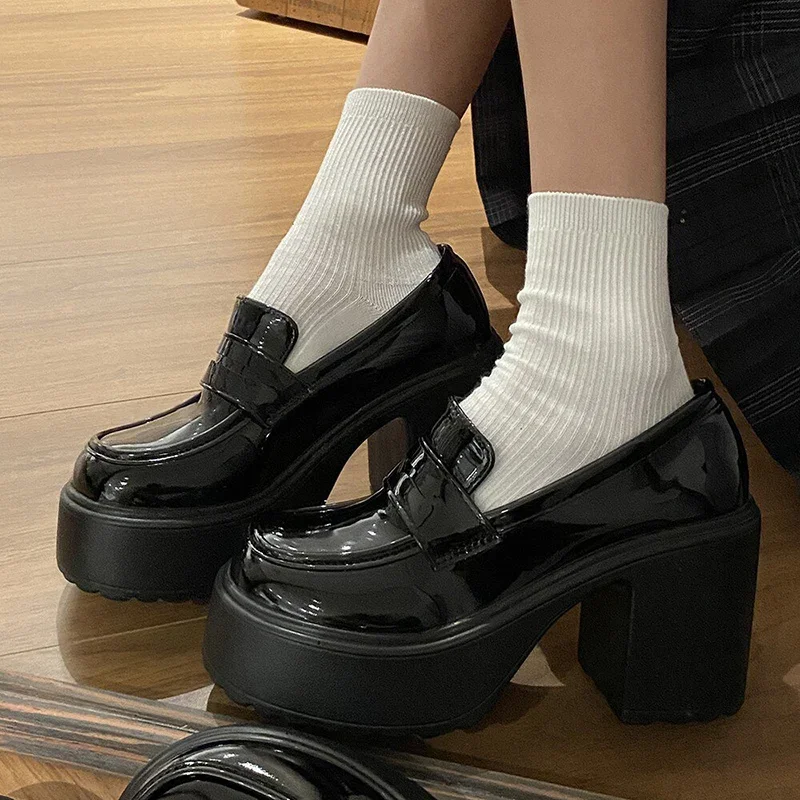 Gothic platform chunky heel black loafers with round toe