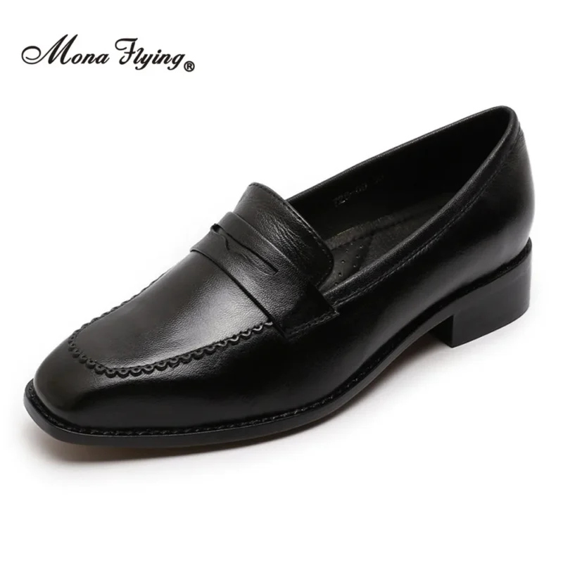 Classic Genuine Leather Square Toe Penny Loafers for Women with Comfortable Pigskin Insole - Image 11