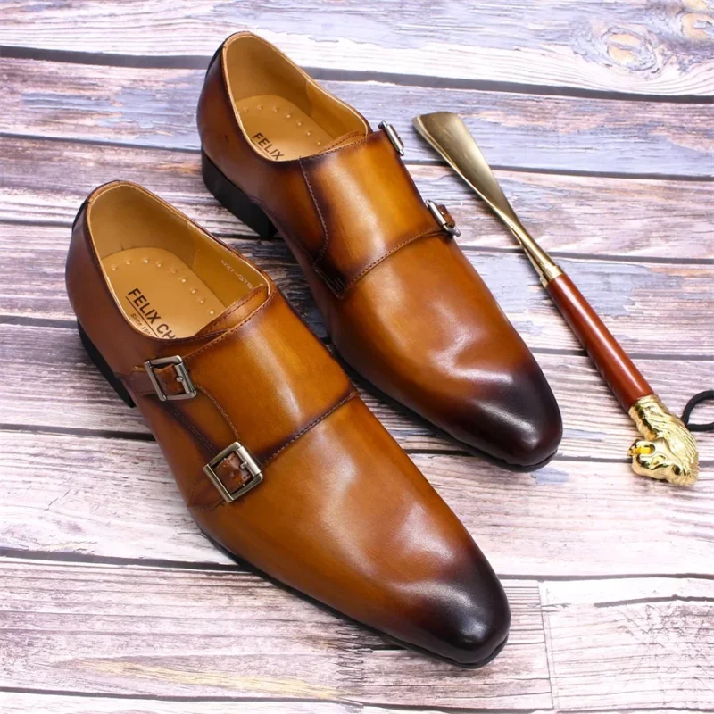 Premium Double Monk Strap Leather Dress Shoes for Men with Pointed Toe Design - Image 4