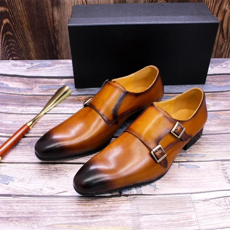 Premium Double Monk Strap Leather Dress Shoes for Men with Pointed Toe Design - Image 3