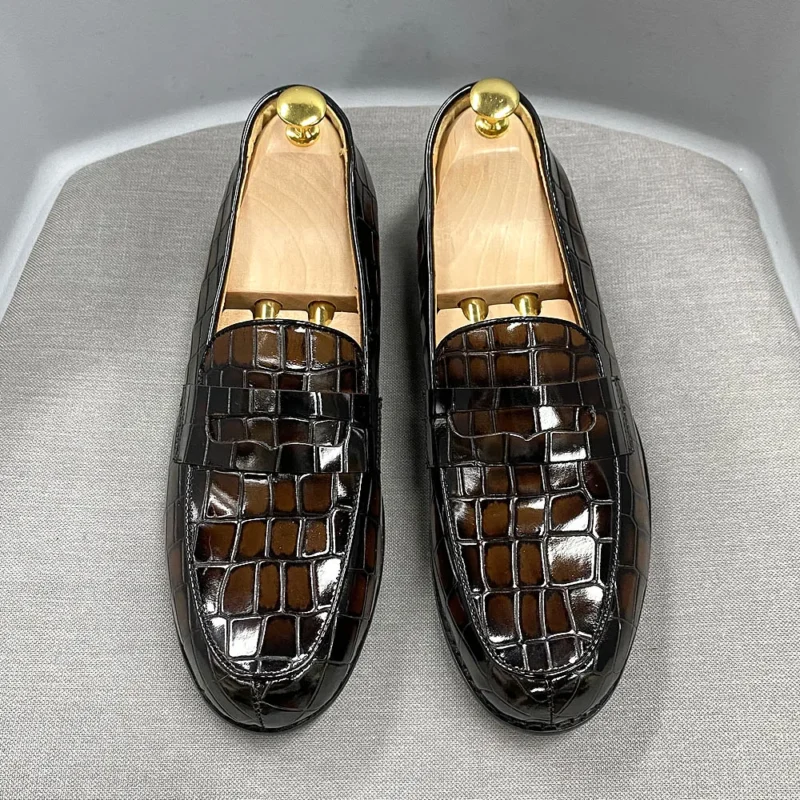 Premium Alligator Print Genuine Leather Penny Loafers for Men with Round Toe for Formal Occasions - Image 8