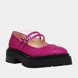 Crystal Buckle Platform Leather Loafers with Elevated Heel for Women's Formal Wear