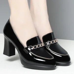 Classic Patent Leather Block Heel Loafers with Metal Accent for Office Wear