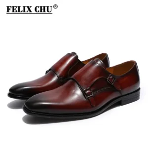 Premium Double Monk Strap Leather Dress Shoes for Men with Plain Toe Design