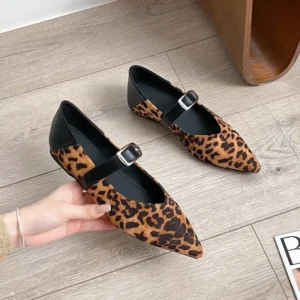Leopard Print Pointed Toe Mary Jane Loafers with Buckle Strap for All-Day Comfort