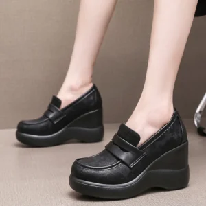 Embroidered Platform Wedge Loafers with Block Heels for Office Comfort