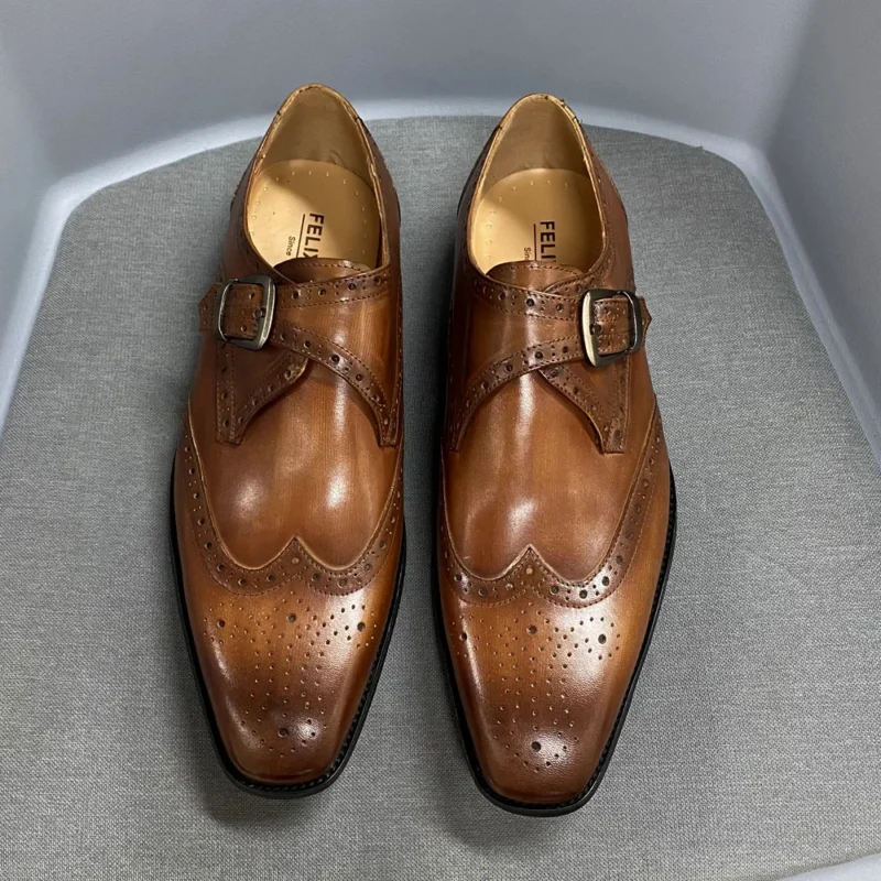 Classic Leather Monk Strap Wingtip Brogue Dress Shoes for Men - Image 5
