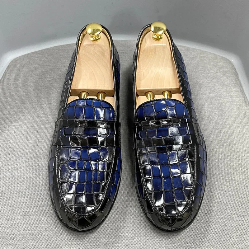 Premium Alligator Print Genuine Leather Penny Loafers for Men with Round Toe for Formal Occasions - Image 2