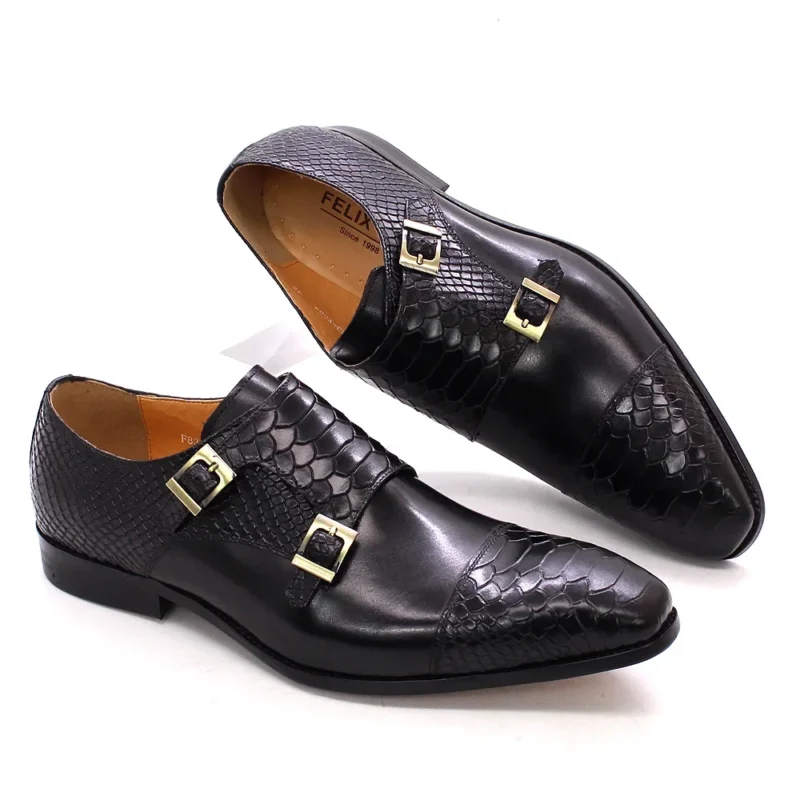 Handcrafted Double Monk Strap Snake Print Leather Dress Shoes with Cap Toe for Men - Image 7