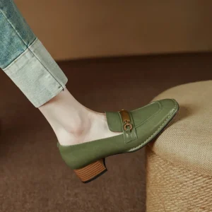 Square Toe Genuine Leather Loafers for Women with Metal Buckle and Chunky Heel