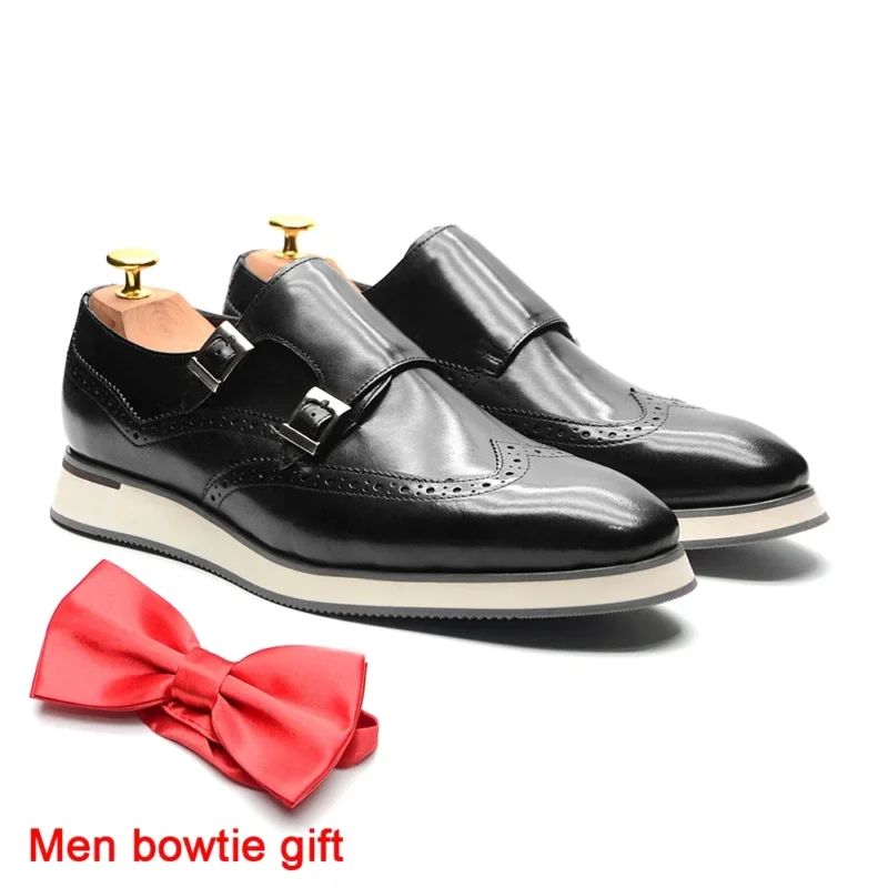 Premium Leather Wingtip Monk Strap Shoes with Double Buckles for Men - Image 8