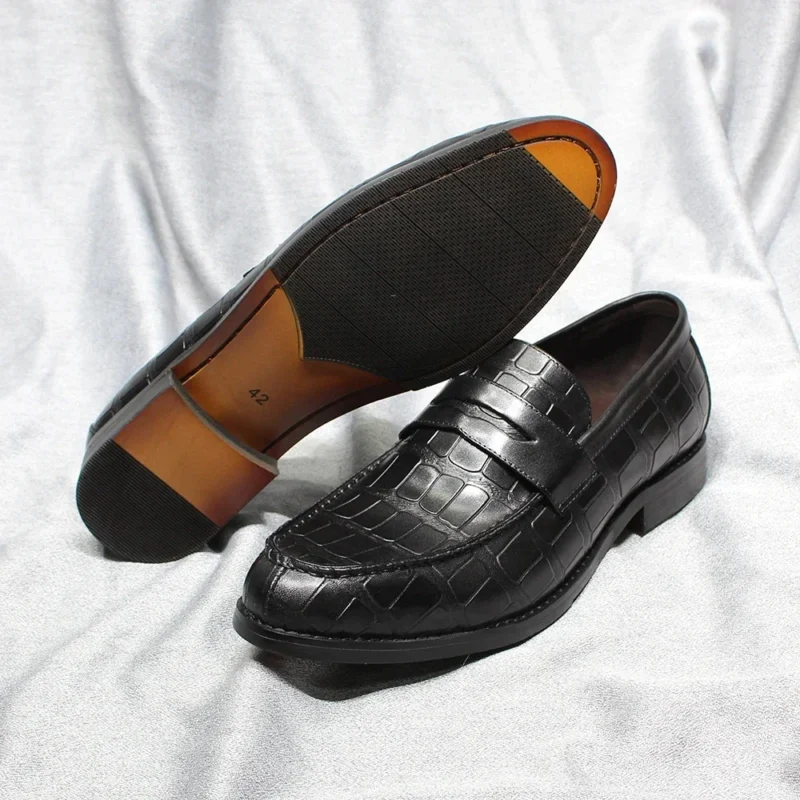 Handcrafted Alligator Pattern Leather Penny Loafers for Men with Pointed Toe for Formal & Casual Wear - Image 6