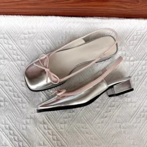 Square Toe Silver Ballet Flats with Decorative Bow for All-Day Comfort