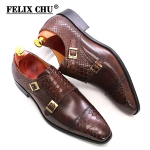 Handcrafted Double Monk Strap Snake Print Leather Dress Shoes with Cap Toe for Men