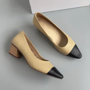 Pointed Toe Leather Contrast Color Loafers for Women with Square Heel for Office Wear