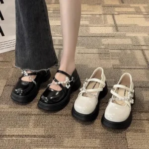 Platform Mary Jane Buckle Loafers with Pearl Chain Detail for Women