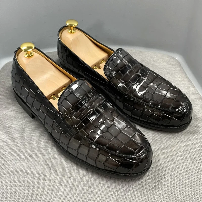 Premium Alligator Print Genuine Leather Penny Loafers for Men with Round Toe for Formal Occasions - Image 4