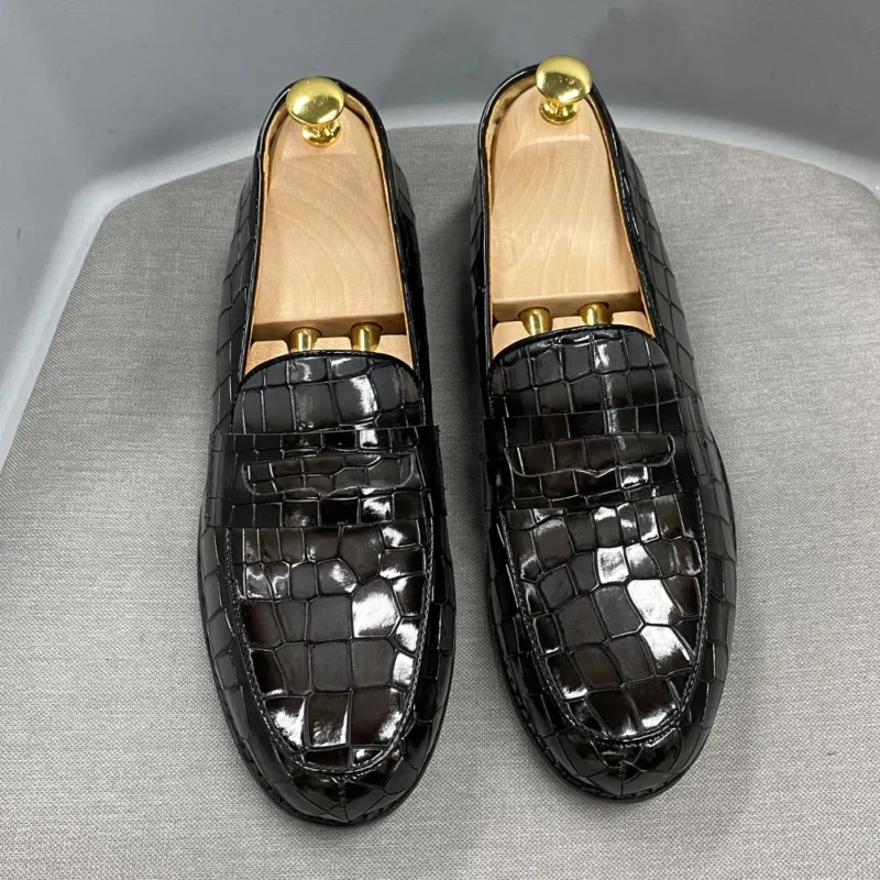 Premium Alligator Print Genuine Leather Penny Loafers for Men with Round Toe for Formal Occasions - Image 9