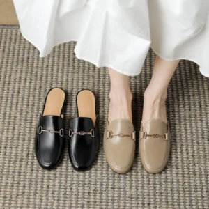 Classic Genuine Leather Closed Toe Mules for Women with Comfortable Low Heel for Summer