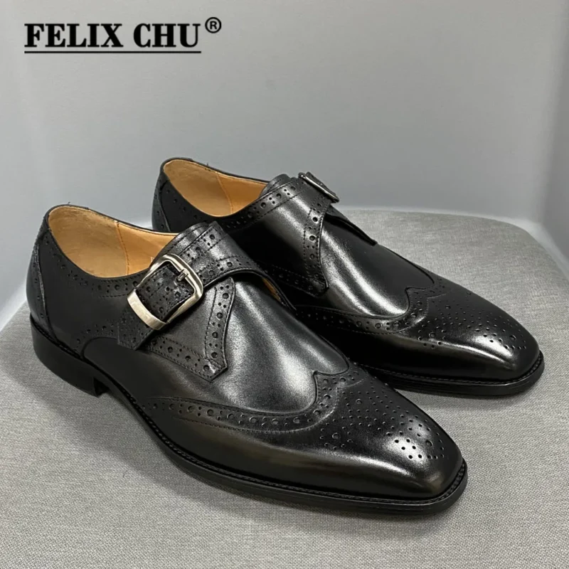 Classic Leather Monk Strap Wingtip Brogue Dress Shoes for Men - Image 8