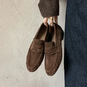 Classic Sheepskin Suede Round Toe Loafers with Low Heel for Women's All-Day Comfort