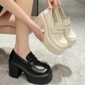 Platform Chunky Heel Loafers for Women with Square Heel and Round Toe