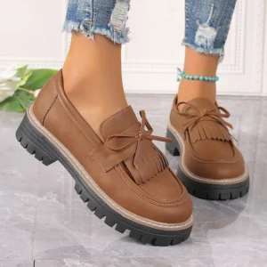 Plus Size Tassel Platform Loafers for Women with Bow Detail and Thick Sole
