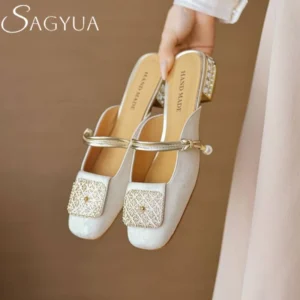 Square Toe Mid-Heel Loafer Mules for Women with Metal Decoration