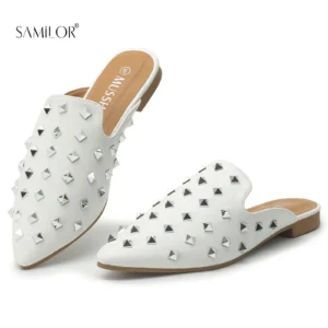 Pointed Toe Backless Loafers with Low Heel Comfortable Slip-On Mules for Women