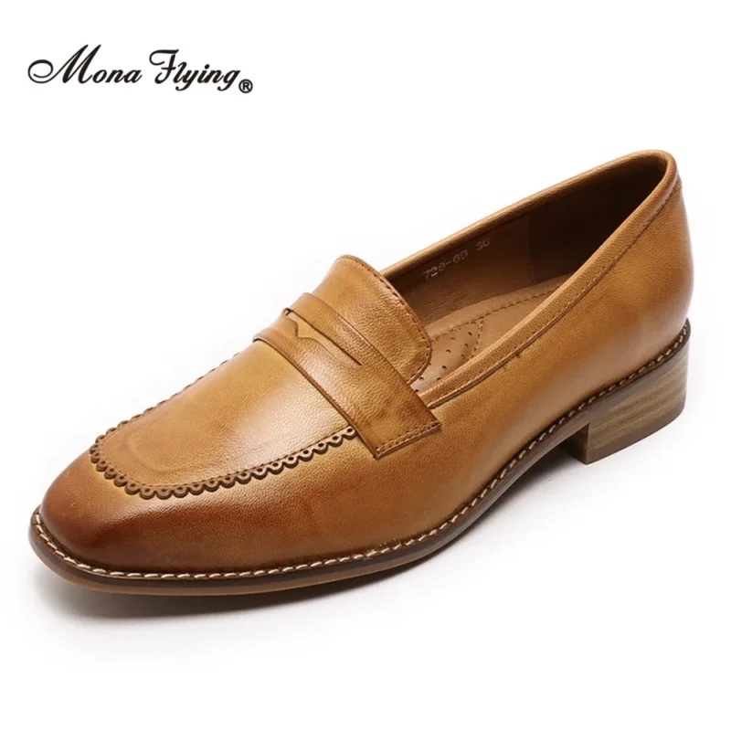Classic Genuine Leather Square Toe Penny Loafers for Women with Comfortable Pigskin Insole - Image 8