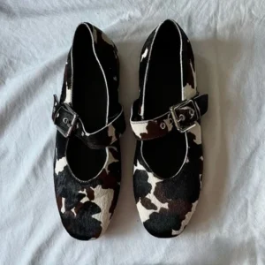 Leopard Print Horsehair Square Toe Loafers with Buckle Strap for Office Wear