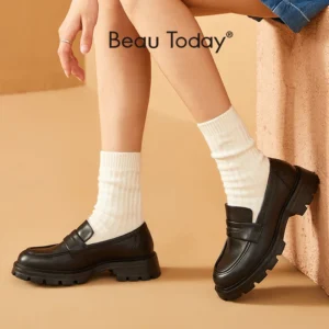 Classic Genuine Cow Leather Penny Loafers for Women with Thick Sole for Uniform and Daily Wear