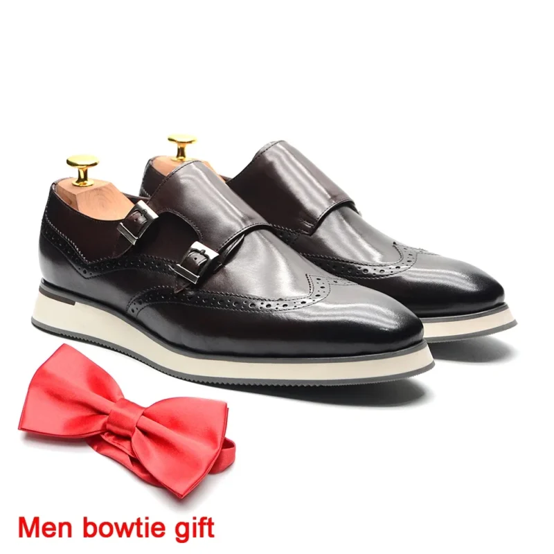 Premium Leather Wingtip Monk Strap Shoes with Double Buckles for Men - Image 7