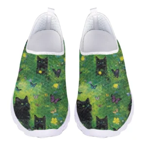 Breathable Mesh Cat Print Slip-On Loafers for Women with Cushioned EVA Insole