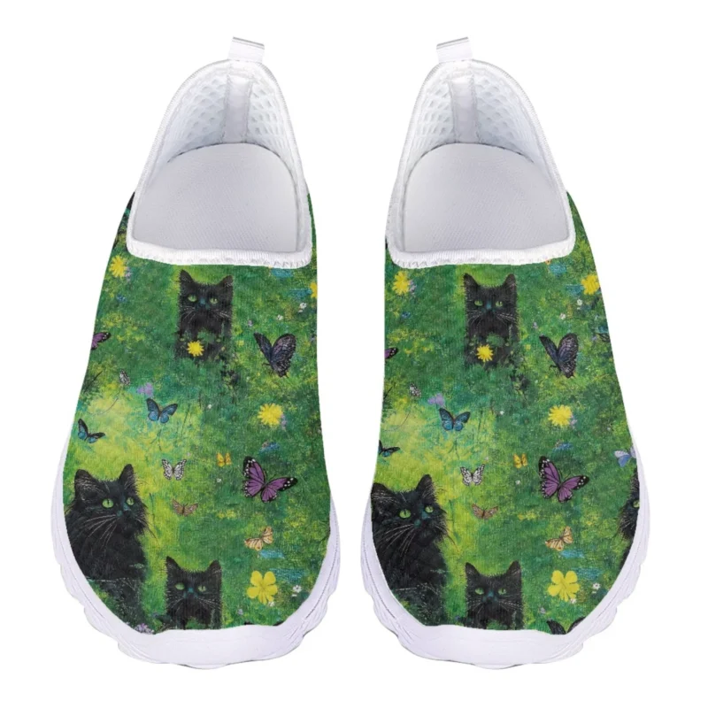 Breathable Mesh Cat Print Slip-On Loafers for Women with Cushioned EVA Insole