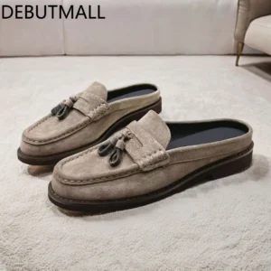Fringe Beaded Genuine Leather Loafers Flat Mule Slides for Women with Comfort Cushioning