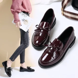 British Style Patent Leather Platform Loafers for Women with Tassel and Bowknot Detail
