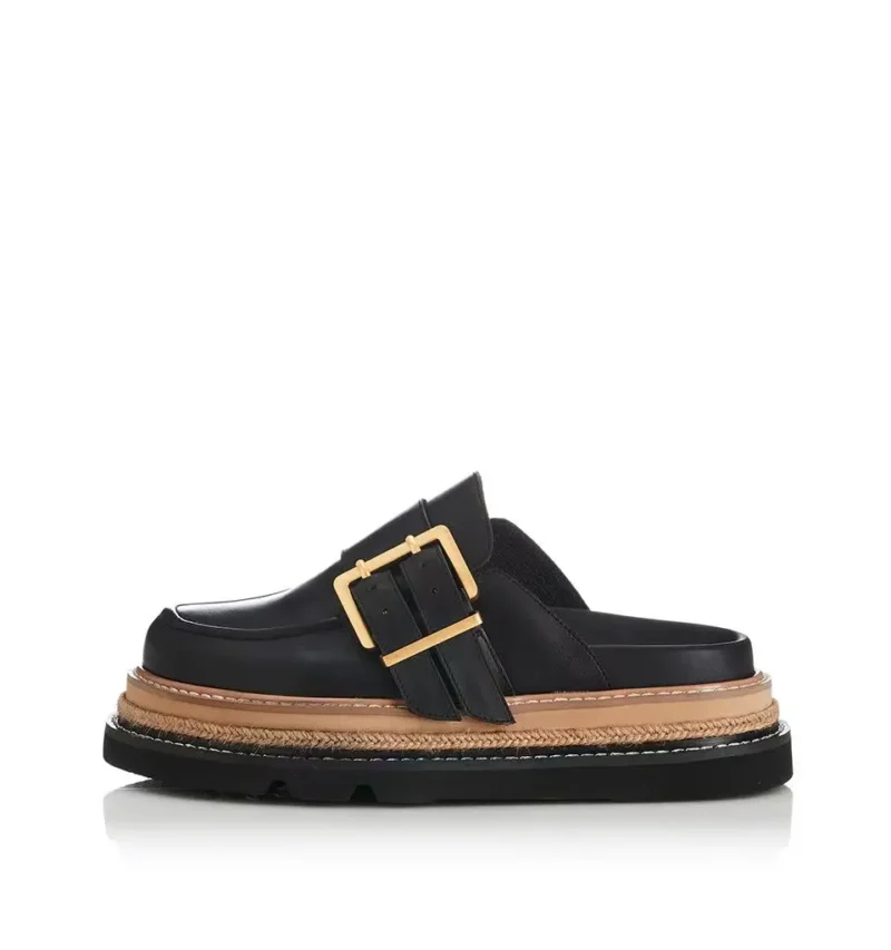 Genuine Leather Platform Mule Loafers with Gold Buckle for All-Day Comfort