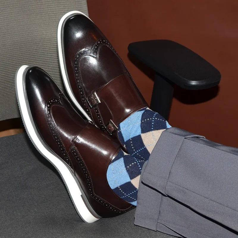 Premium Leather Wingtip Monk Strap Shoes with Double Buckles for Men - Image 3