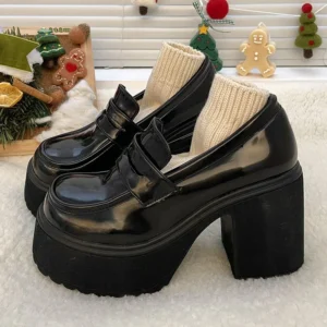 Gothic Platform Chunky Heel Black Loafers for Women with Round Toe for Preppy Style