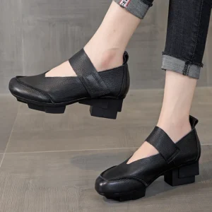 Retro Square Heel Genuine Leather Mary Jane Loafers with Hook & Loop Closure for All-Day Comfort
