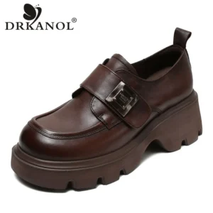 British Style Platform Genuine Leather Loafers with Metal Decoration for Women
