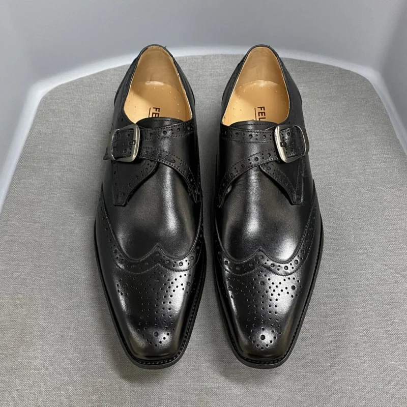Classic Leather Monk Strap Wingtip Brogue Dress Shoes for Men - Image 6
