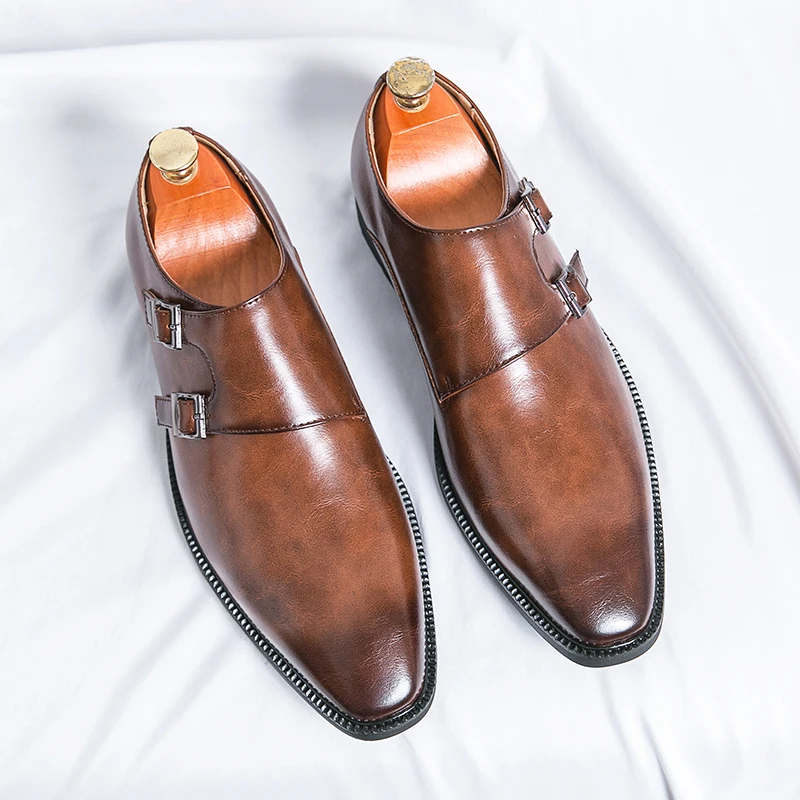 Premium monk strap leather dress shoes with pointed toe design